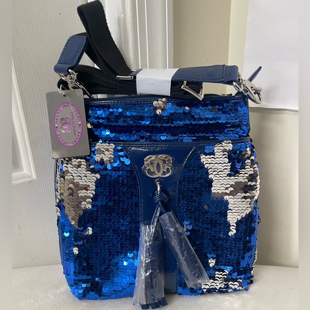 Sharif Sequin Blue and Silver Crossbody Bag NWT
